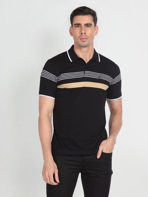 arrow sport black cotton regular fit striped polo t-shirt