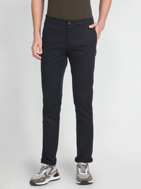 arrow sport black cotton slim fit striped trousers