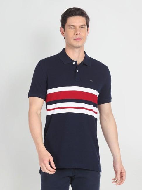 arrow sport blue cotton regular fit striped polo t-shirt