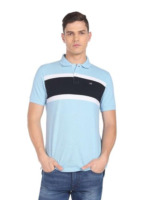 arrow sport blue cotton regular fit striped polo t-shirt