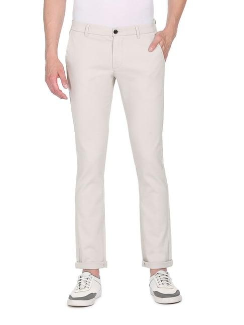 arrow sport cream cotton slim fit self pattern chinos