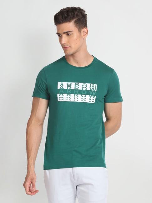arrow sport dark green cotton regular fit printed t-shirt