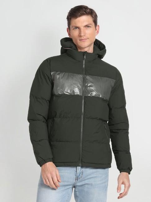 arrow sport dark green regular fit quilted hooded jacket