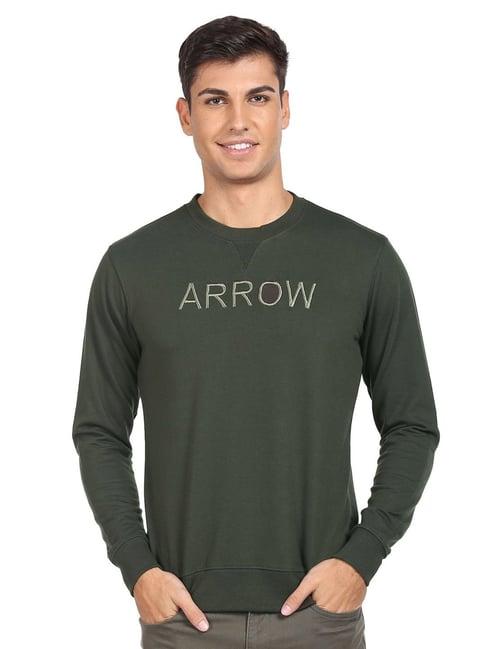 arrow sport dark olive cotton regular fit logo printed sweatshirt