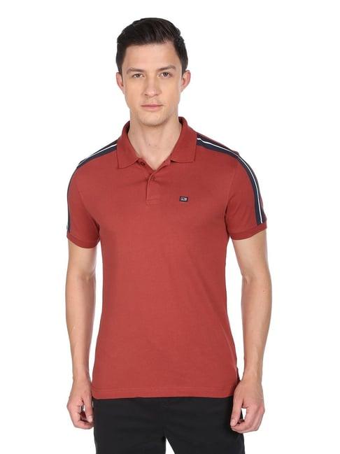 arrow sport dark red cotton regular fit striped polo t-shirt