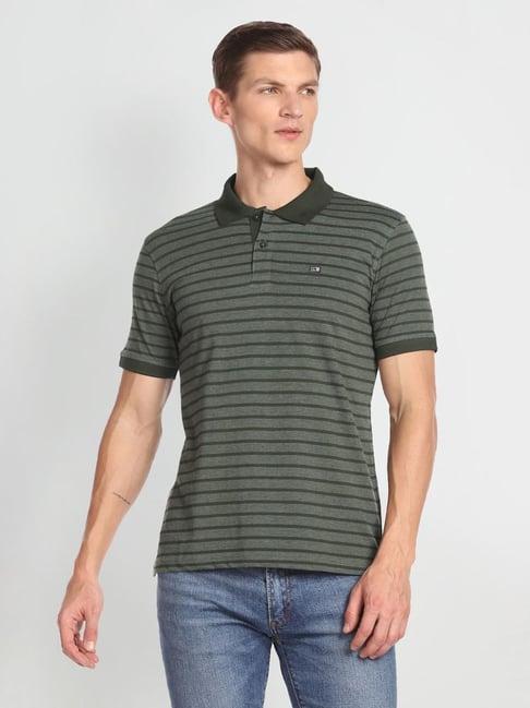 arrow sport green cotton regular fit striped polo t-shirt