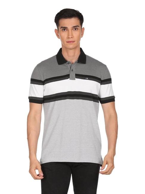 arrow sport grey cotton regular fit striped polo t-shirt