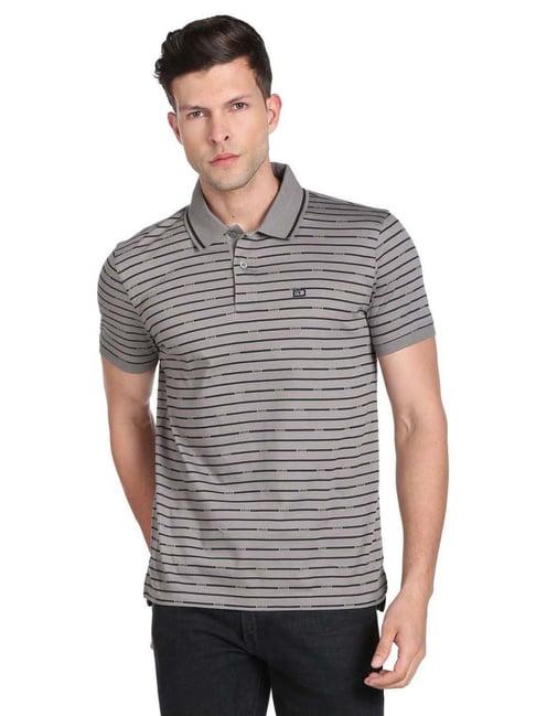 arrow sport grey cotton regular fit striped polo t-shirt