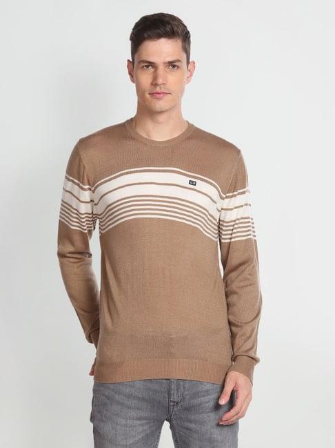 arrow sport light brown regular fit striped sweater