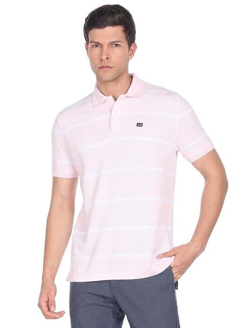 arrow sport light pink regular fit striped cotton polo t-shirt