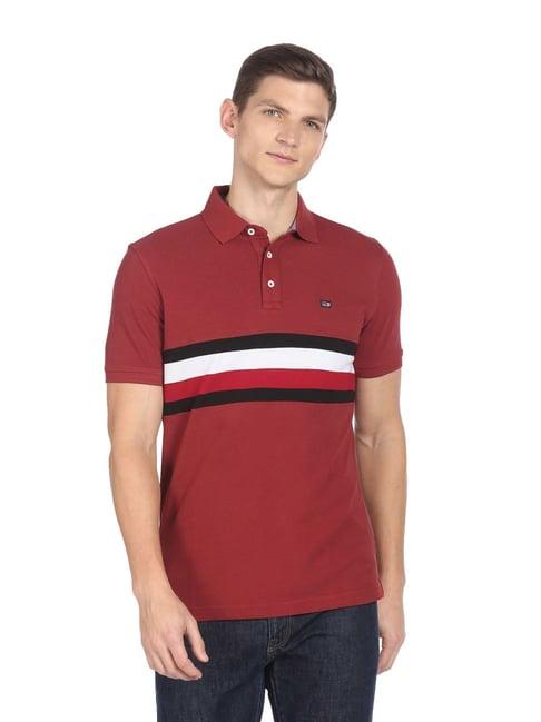 arrow sport maroon cotton regular fit striped polo t-shirt