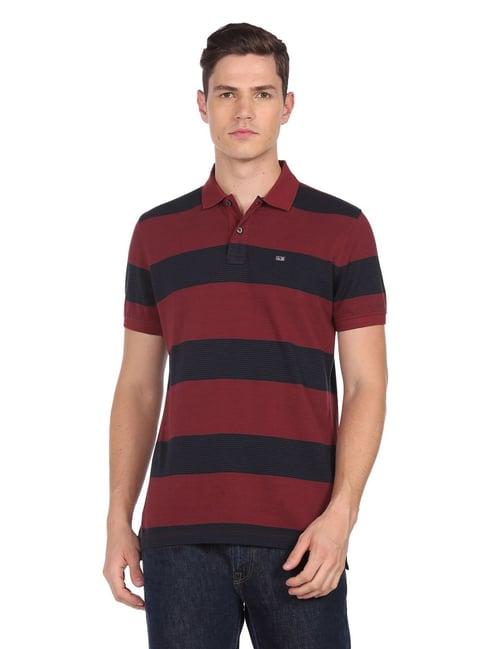 arrow sport maroon cotton regular fit striped polo t-shirt