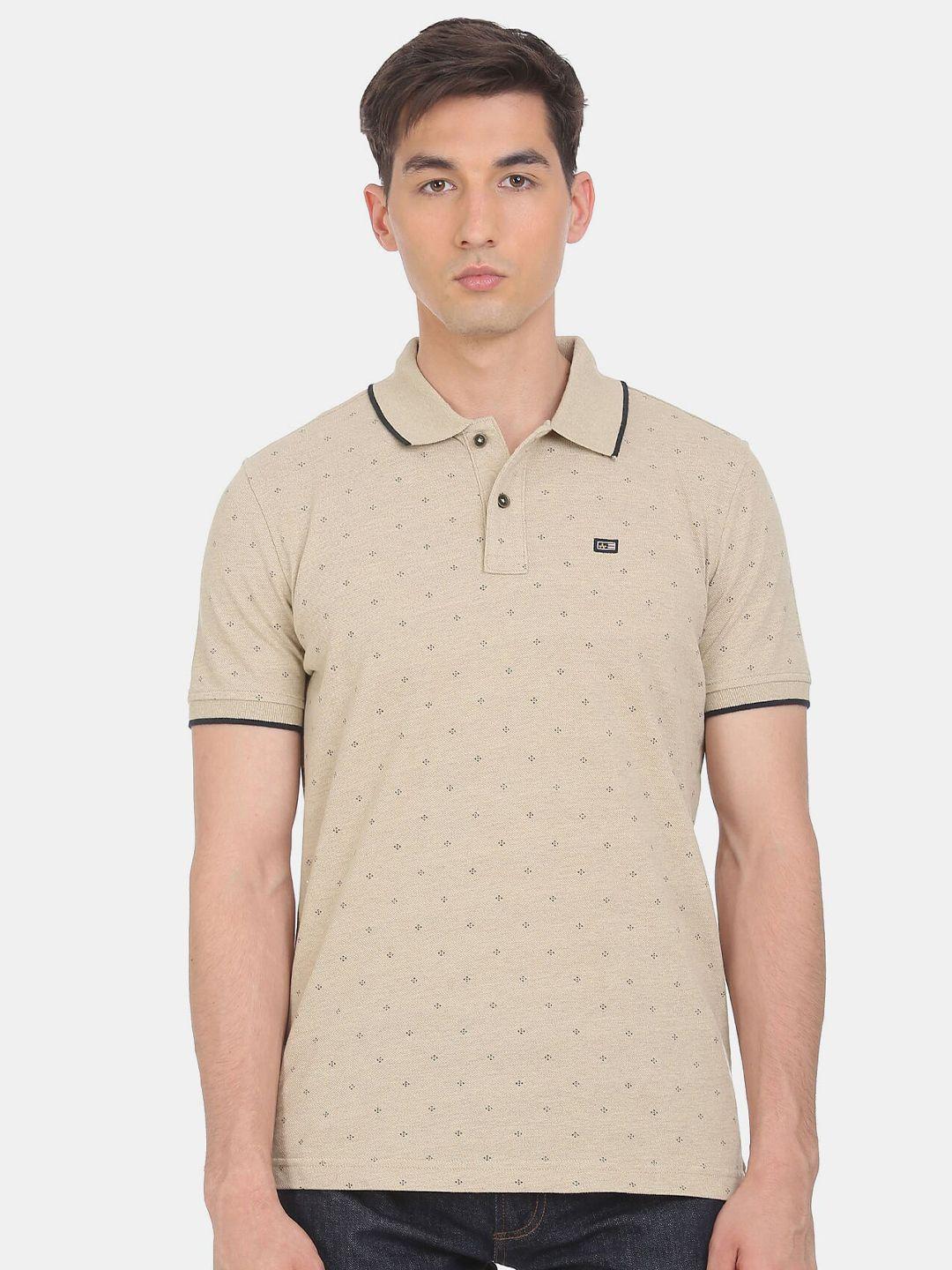 arrow sport men beige printed polo collar cotton t-shirt