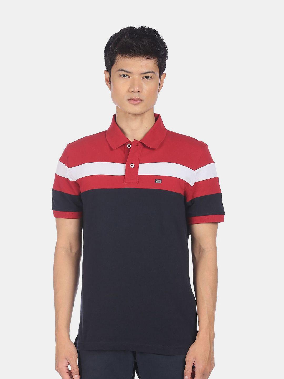 arrow sport men blue & red striped polo collar t-shirt