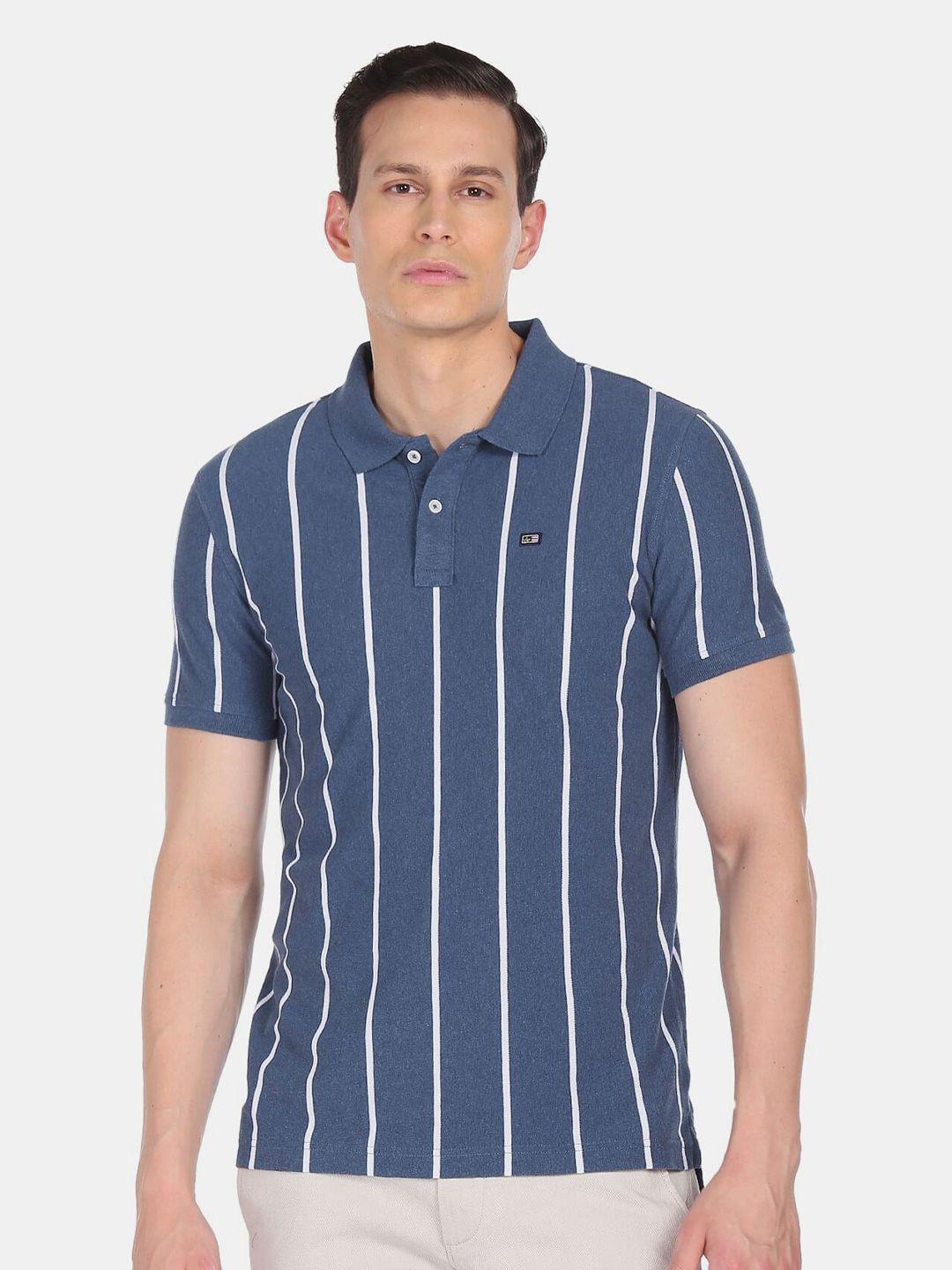 arrow sport men blue striped polo collar cotton t-shirt