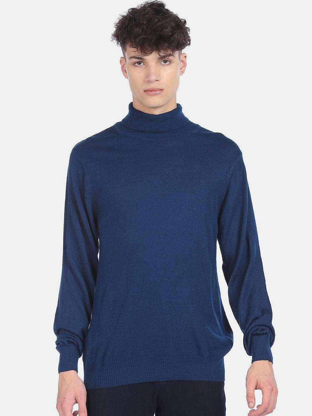 arrow sport men blue turtle neck ribbed pullover