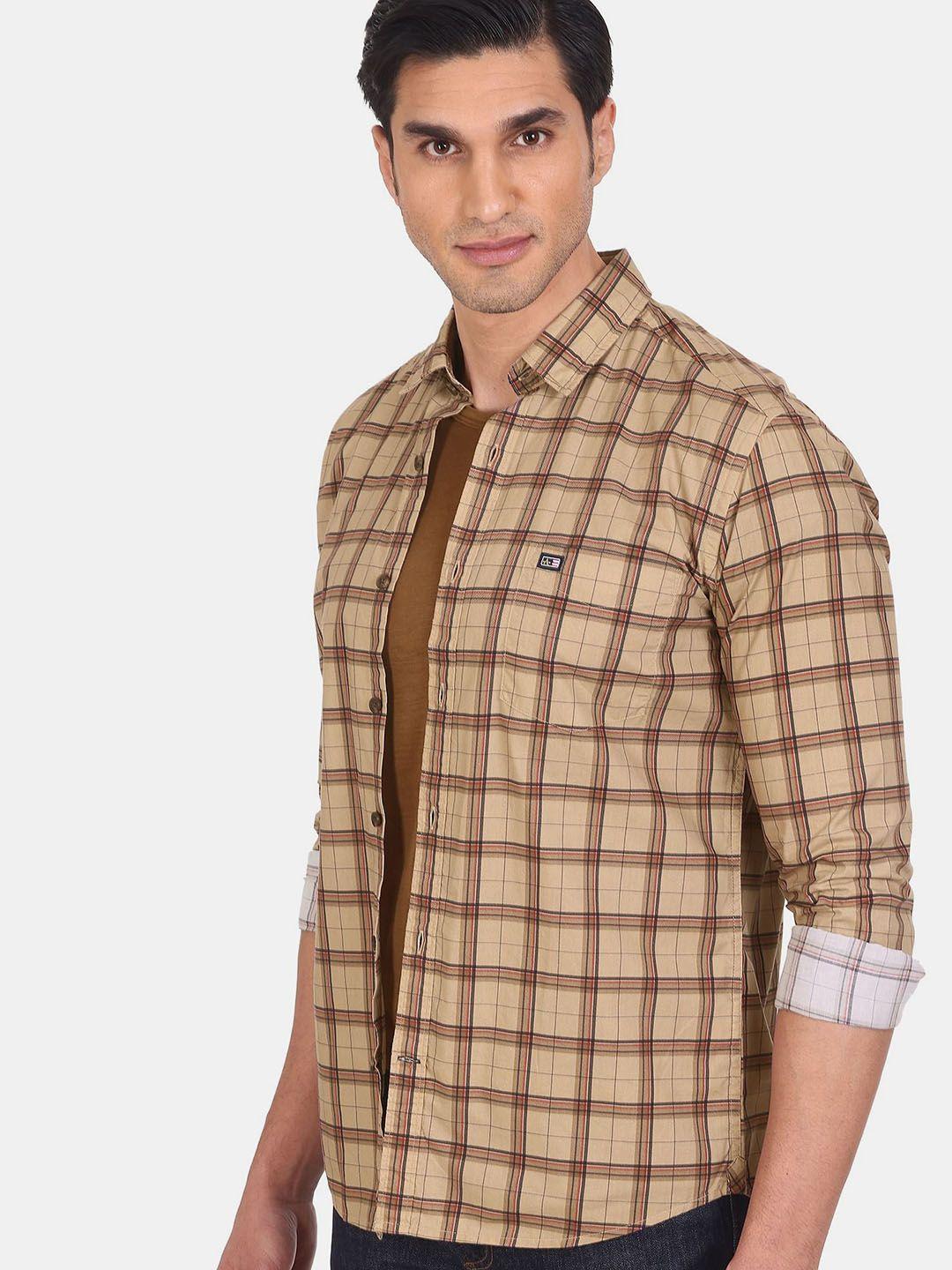 arrow sport men brown opaque checked casual cotton shirt