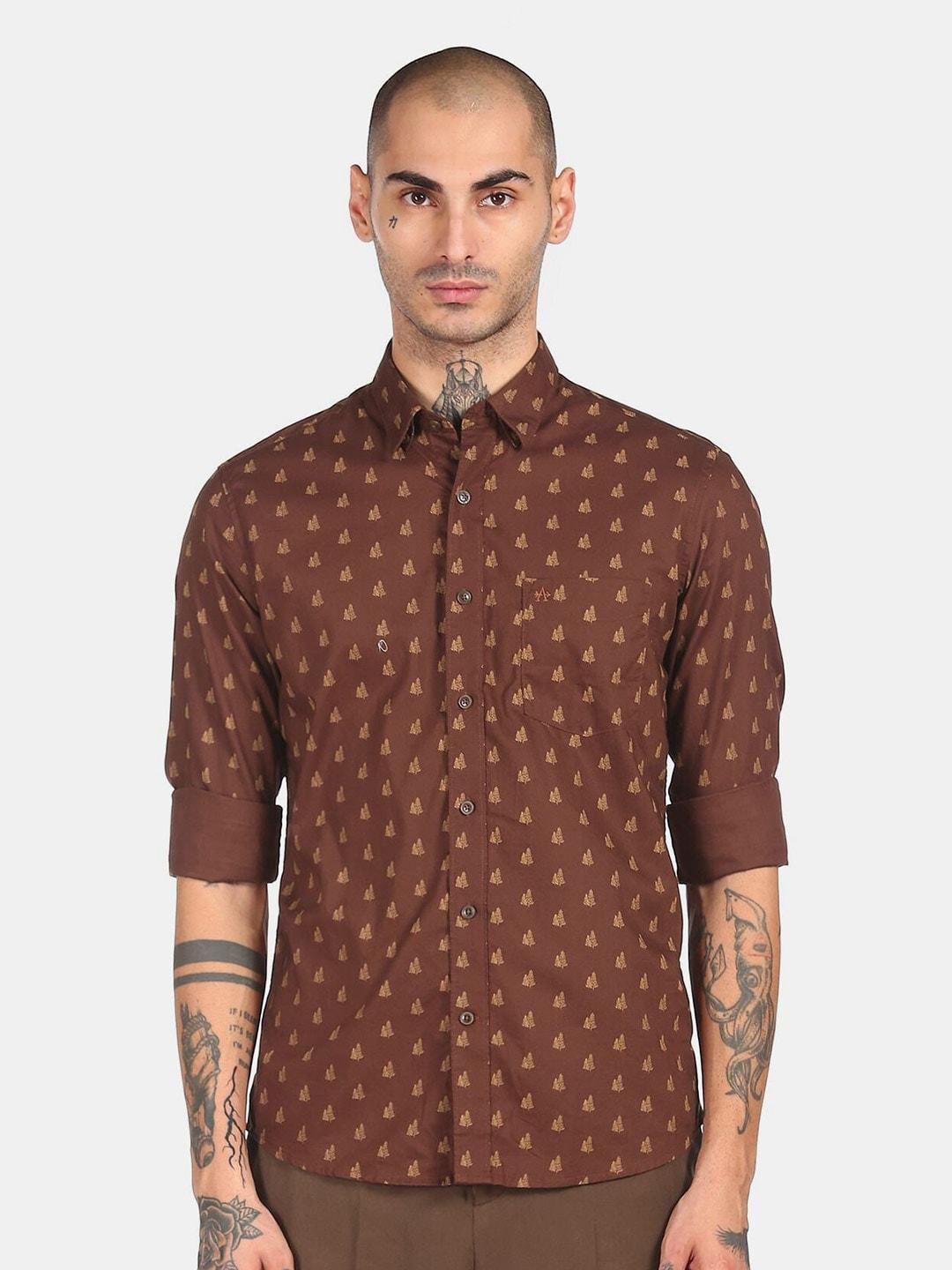 arrow sport men brown regular fit printed 100% cotton casual shirt