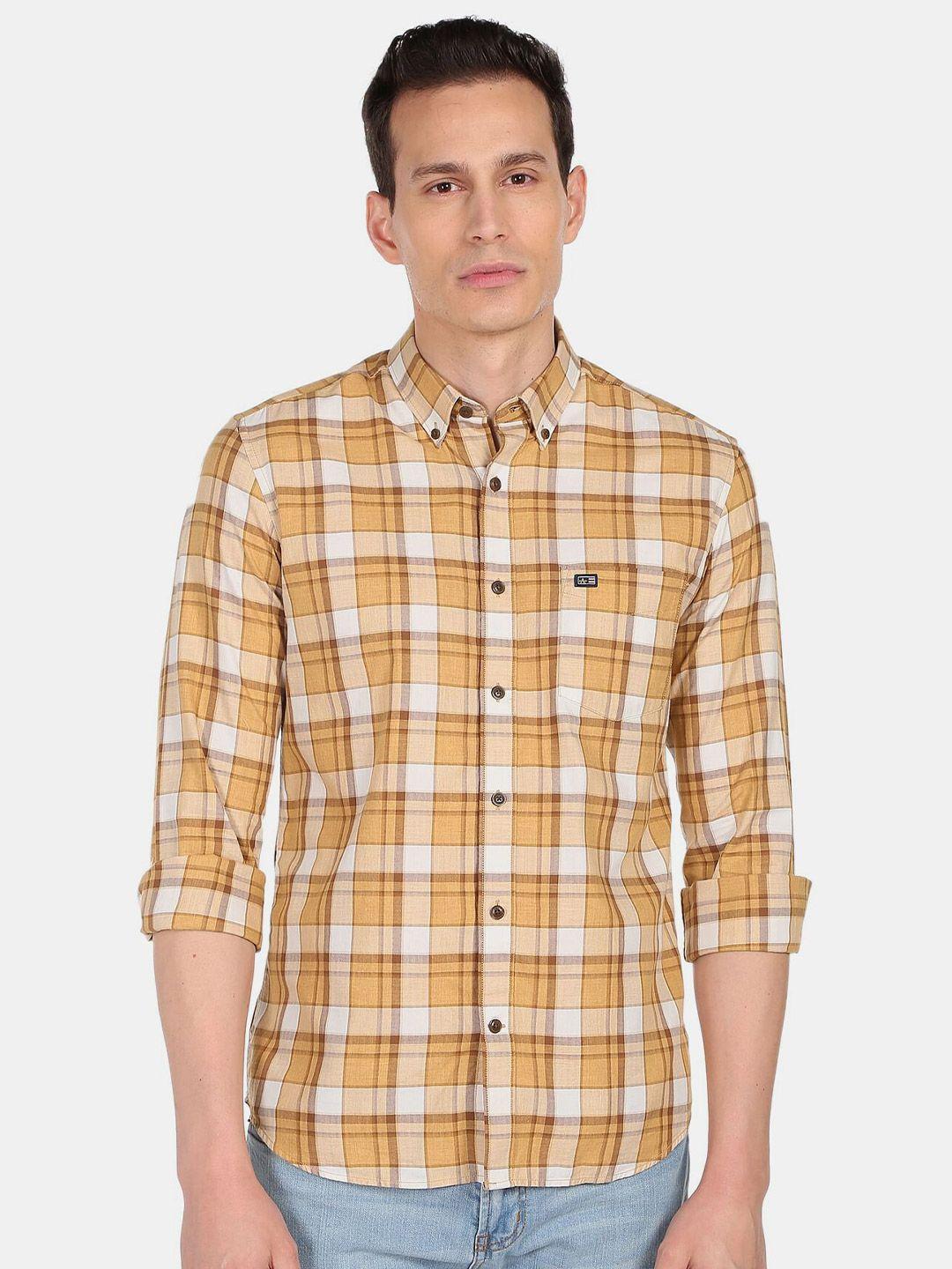 arrow sport men brown slim fit tartan checks checked casual cotton shirt