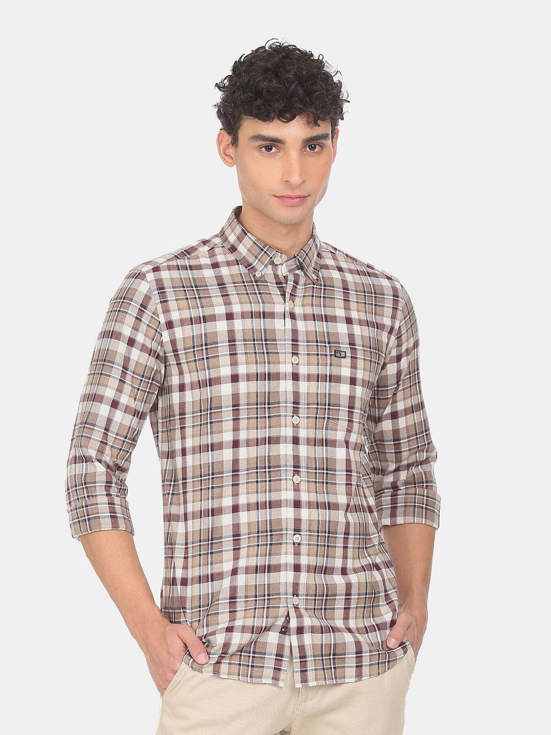 arrow sport men brown tartan checks checked casual shirt