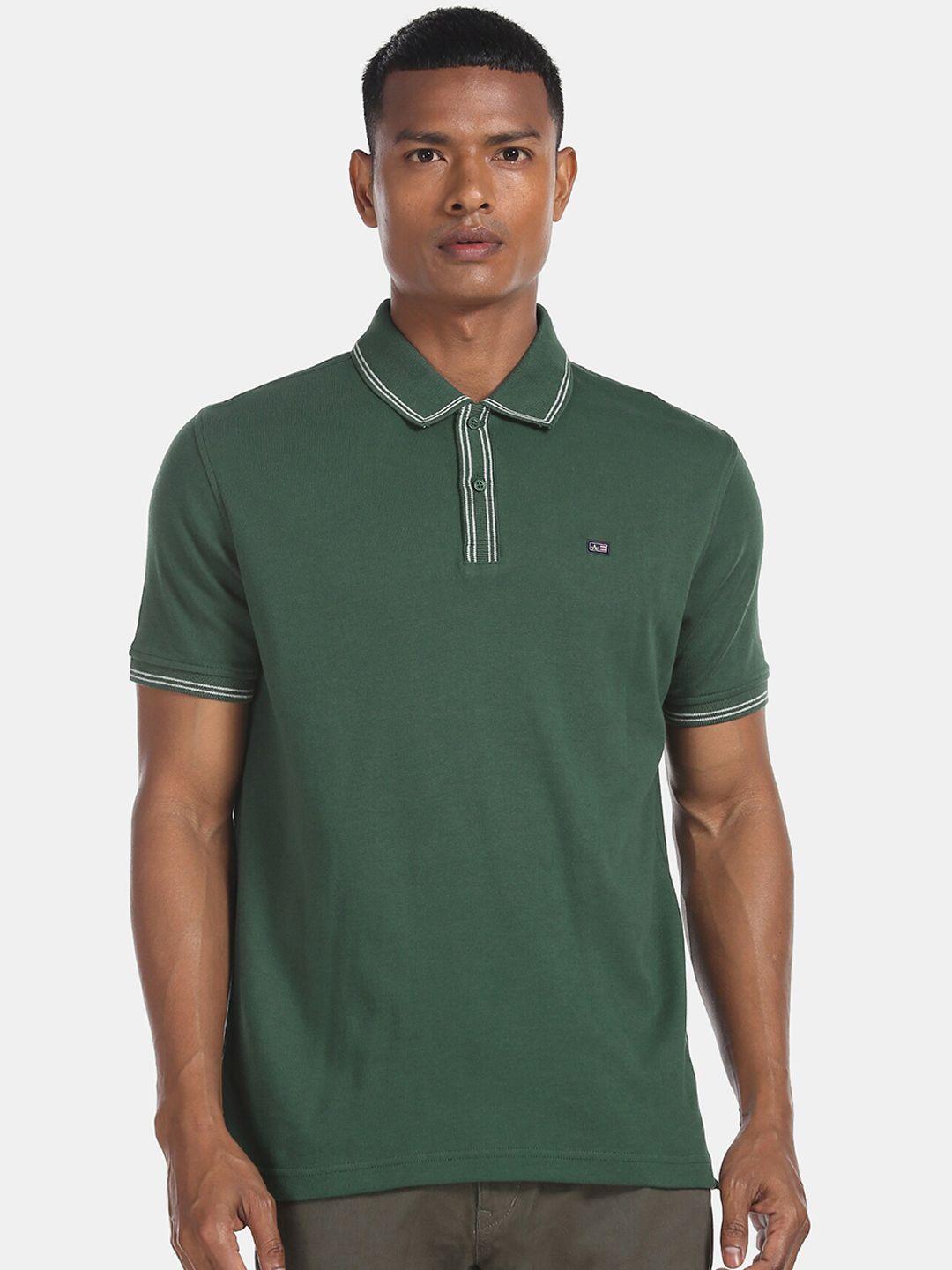 arrow sport men green solid polo collar pure cotton t-shirt