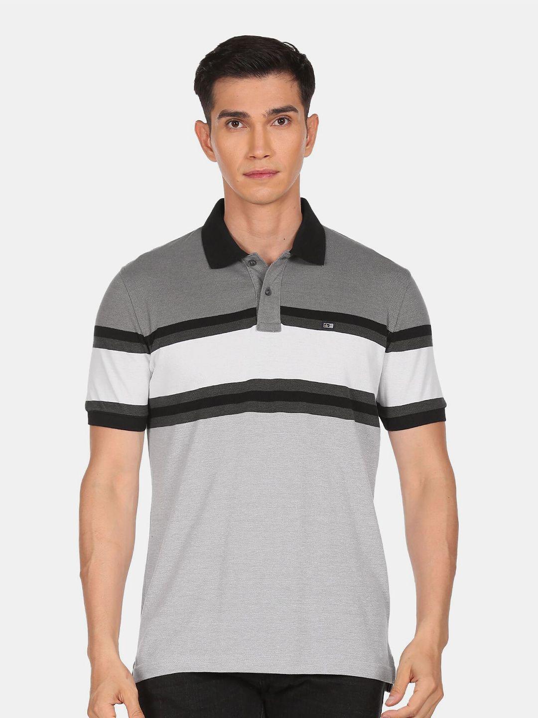 arrow sport men grey & white striped colourblocked polo collar t-shirt