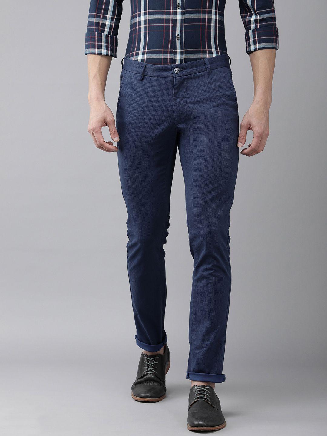 arrow sport men navy blue printed slim fit chinos