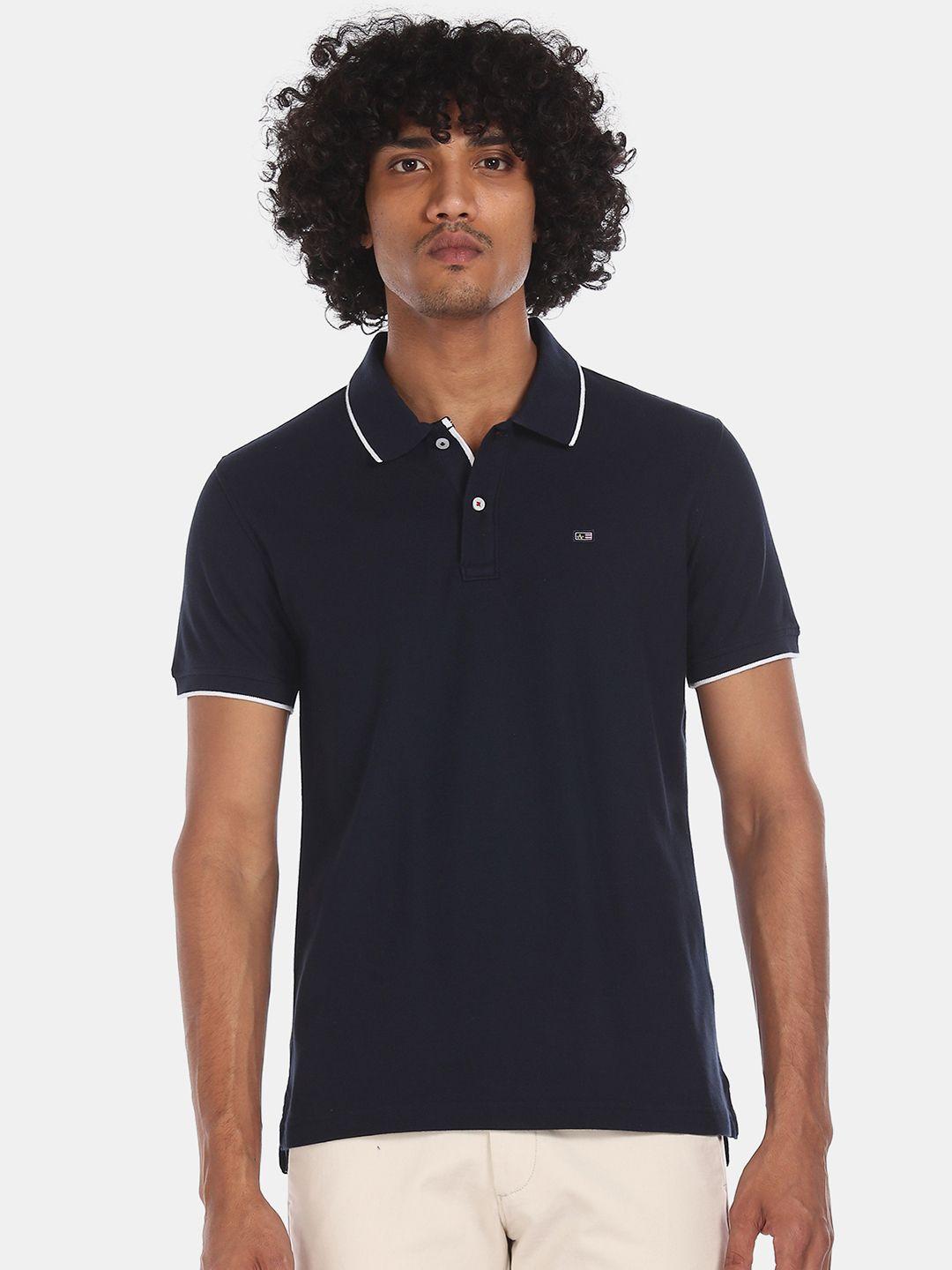 arrow sport men navy blue solid polo collar t-shirt