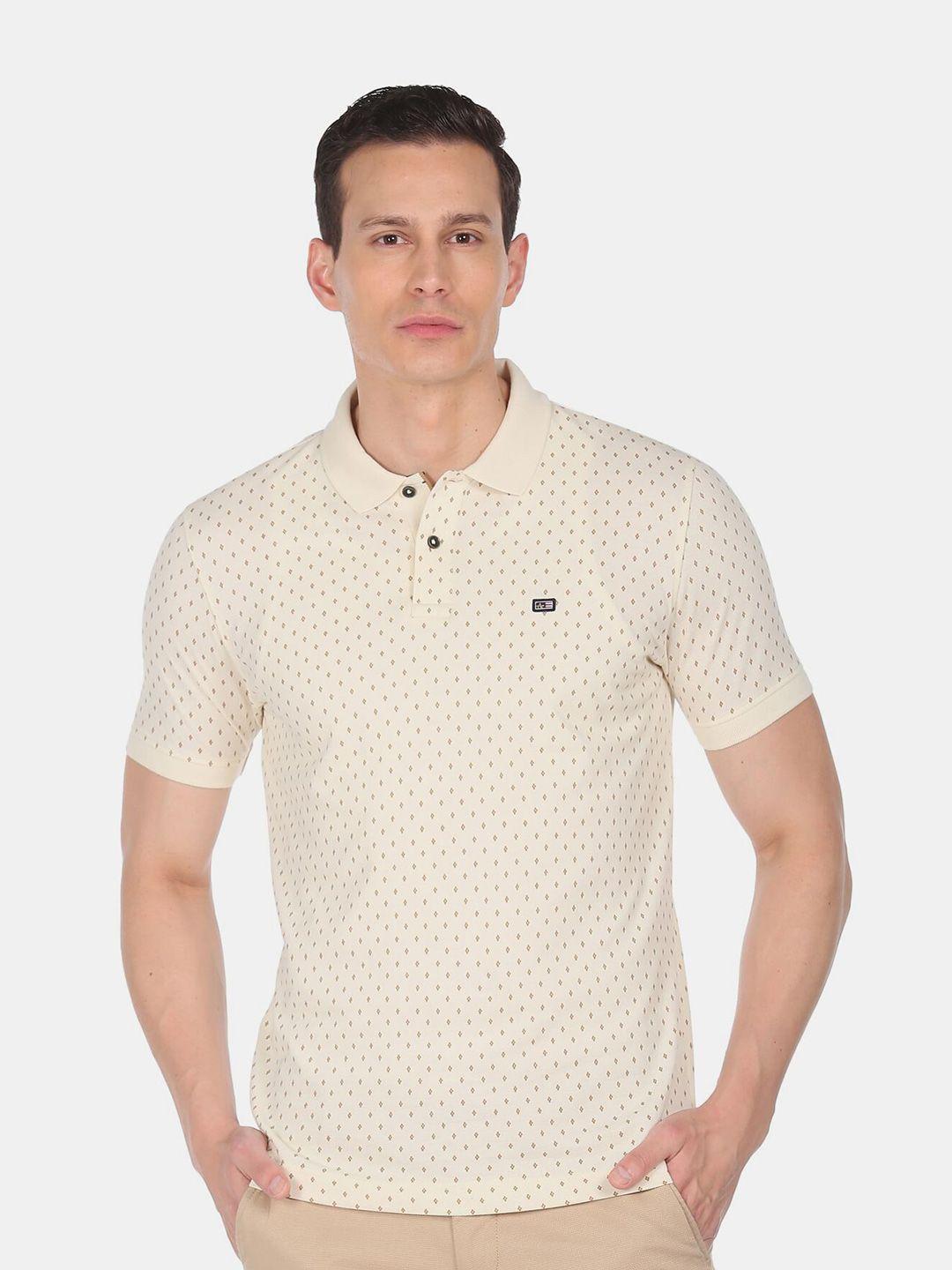 arrow sport men off white printed cotton polo collar t-shirt