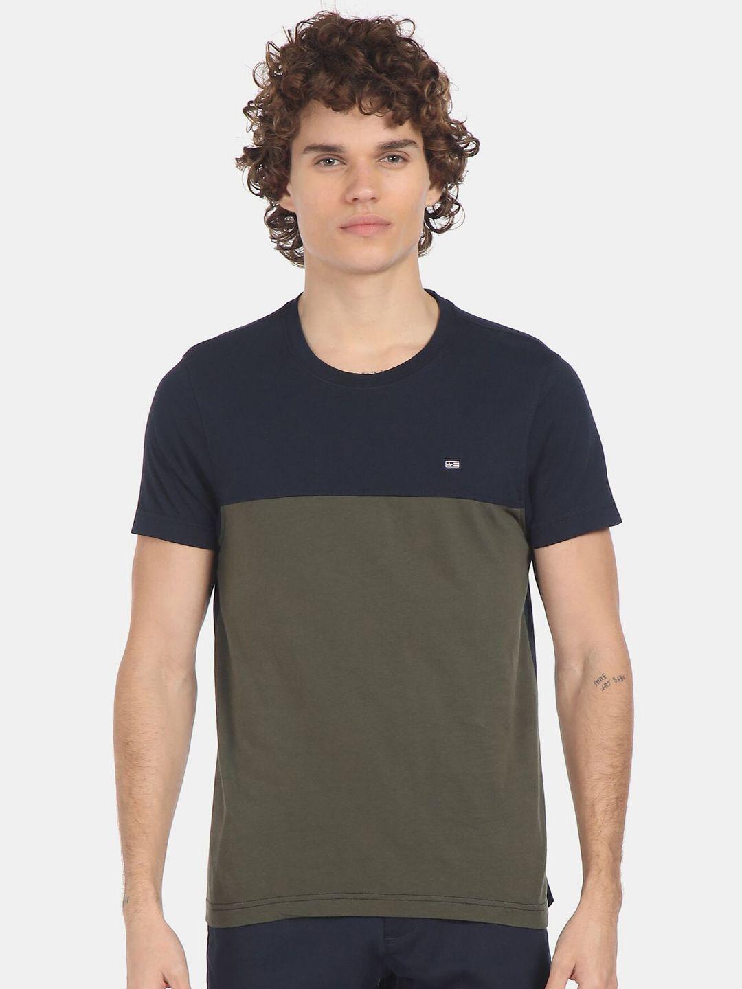 arrow sport men olive & black  colourblocked polo collar t-shirt