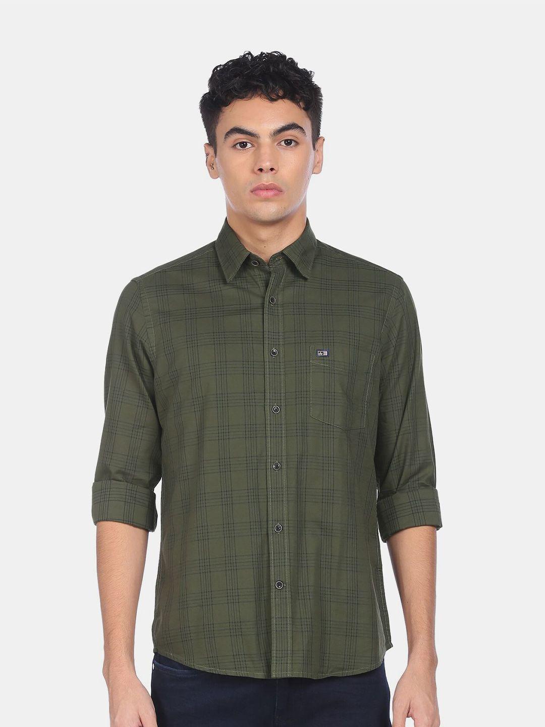 arrow sport men olive green & black checked pure cotton casual shirt