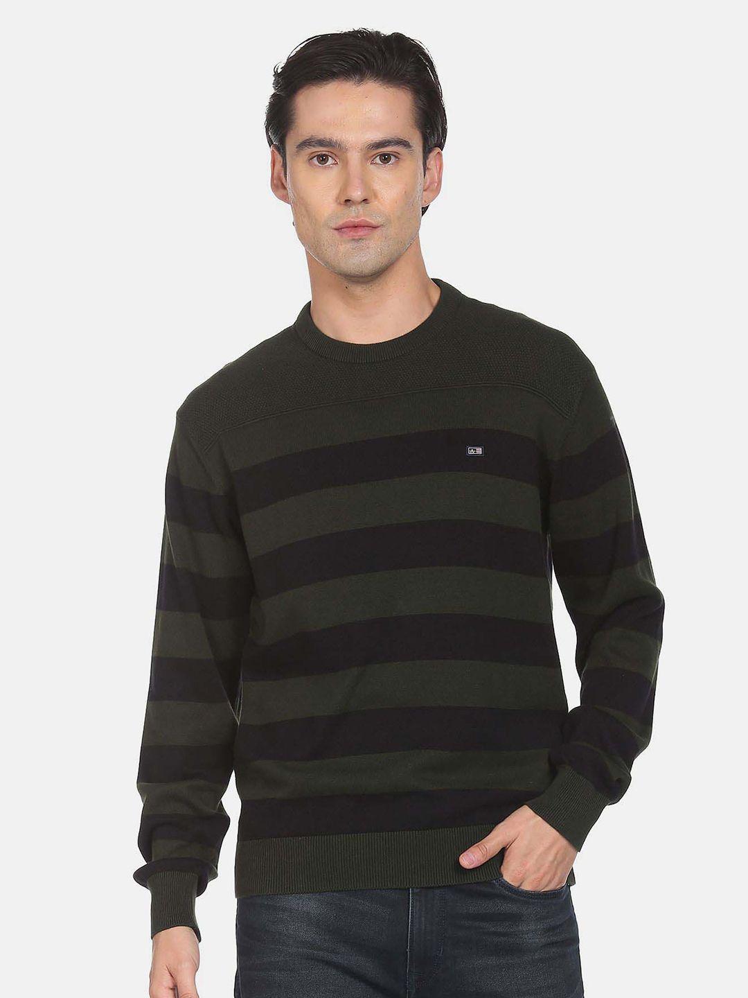 arrow sport men olive green & black striped pure cotton pullover