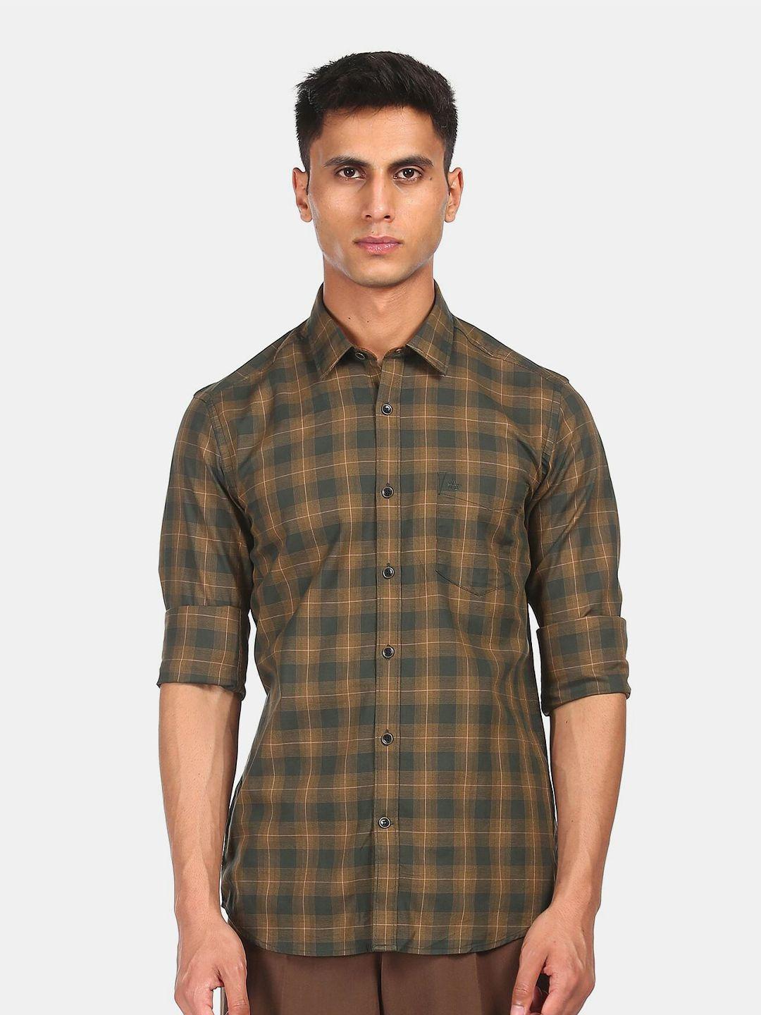 arrow sport men olive green checked pure cotton casual shirt