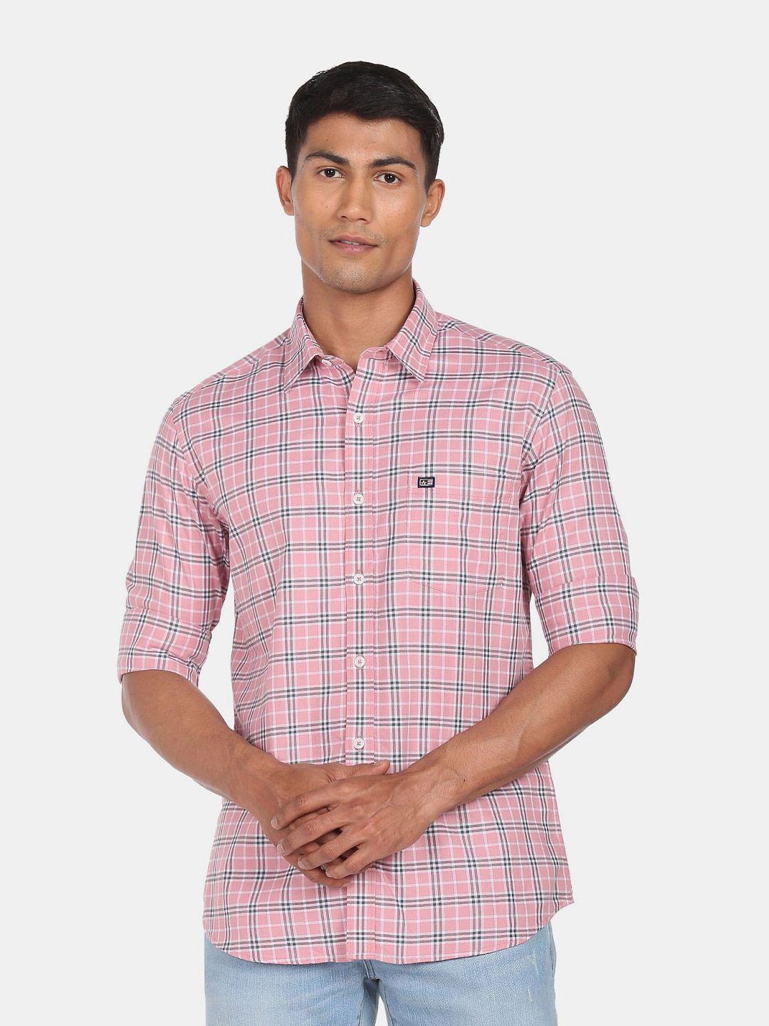 arrow sport men pink slim fit tartan checks cotton  casual shirt