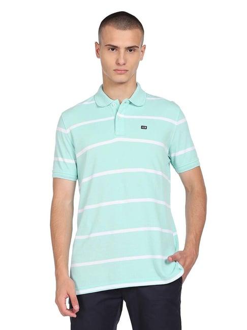 arrow sport mint green regular fit striped cotton polo t-shirt