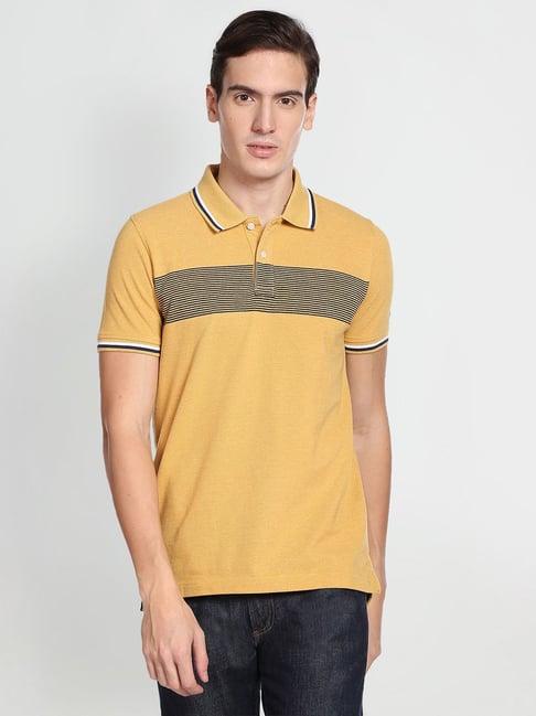 arrow sport mustard regular fit striped polo t-shirt