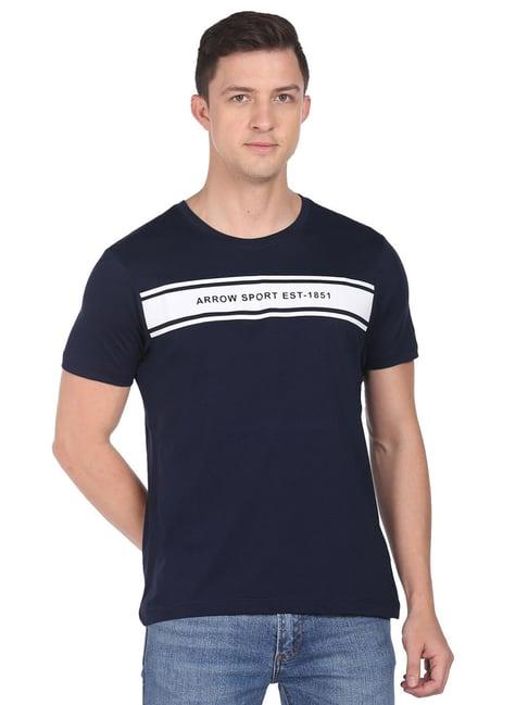 arrow sport navy blue cotton regular fit printed t-shirt