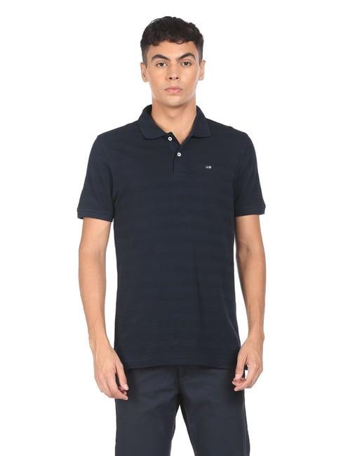 arrow sport navy blue cotton regular fit self pattern polo t-shirt