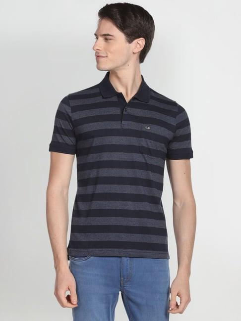 arrow sport navy blue cotton regular fit striped polo t-shirt