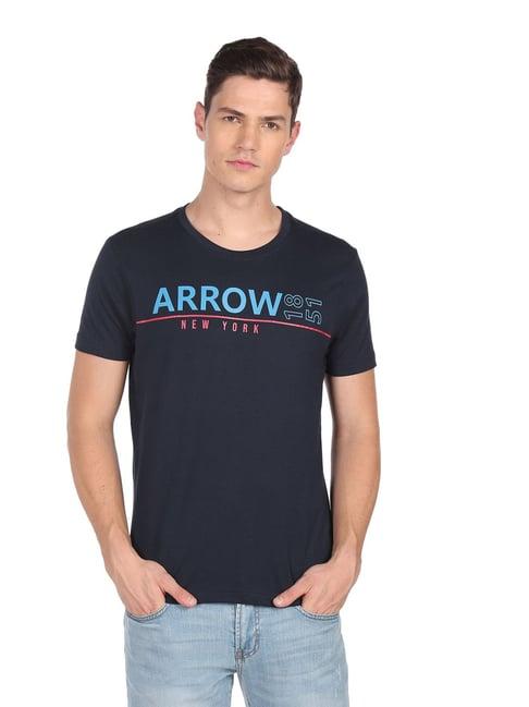 arrow sport navy cotton regular fit printed t-shirt