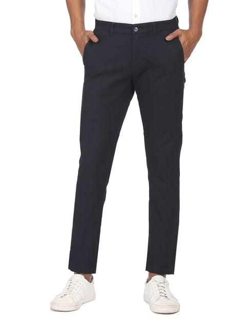 arrow sport navy cotton slim fit trousers