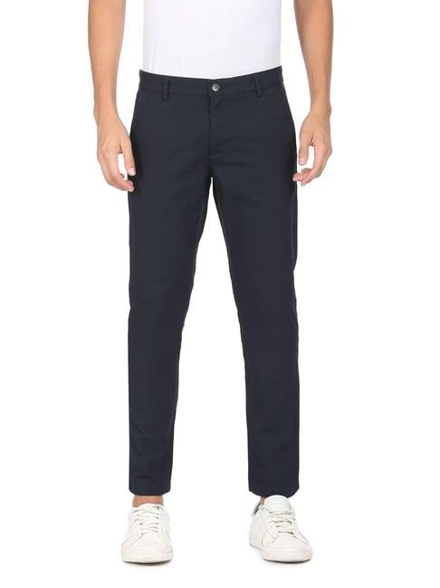 arrow sport navy cotton slim fit trousers