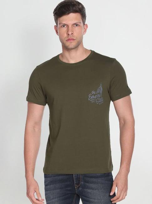 arrow sport olive cotton regular fit printed t-shirt