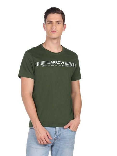 arrow sport olive cotton regular fit printed t-shirt