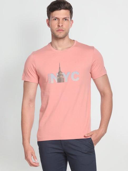 arrow sport pink cotton regular fit printed t-shirt