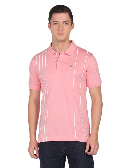 arrow sport pink cotton regular fit striped polo t-shirt