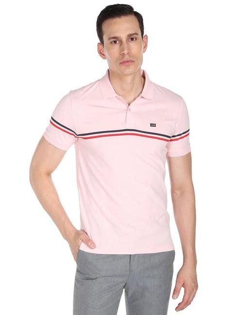 arrow sport pink cotton regular fit striped polo t-shirt