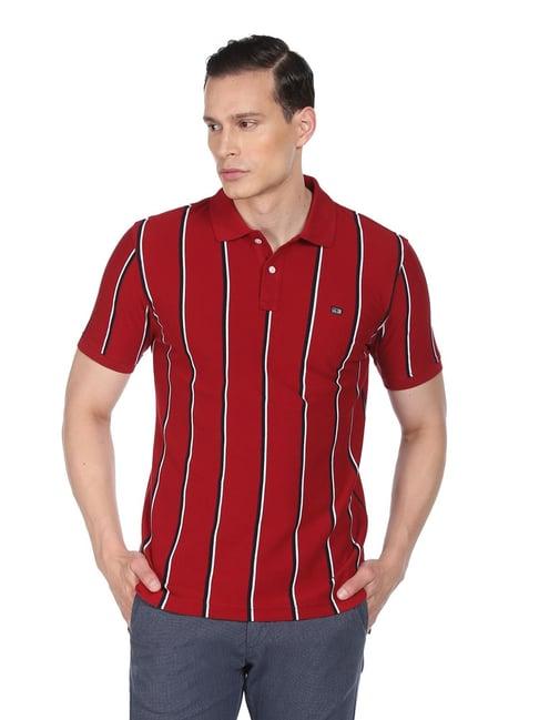 arrow sport red cotton regular fit striped polo t-shirt