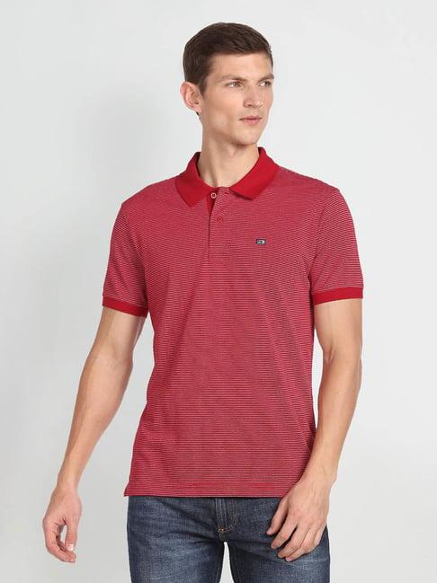 arrow sport red regular fit striped cotton polo t-shirt