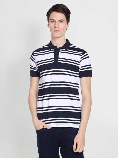 arrow sport white & navy cotton regular fit striped polo t-shirt